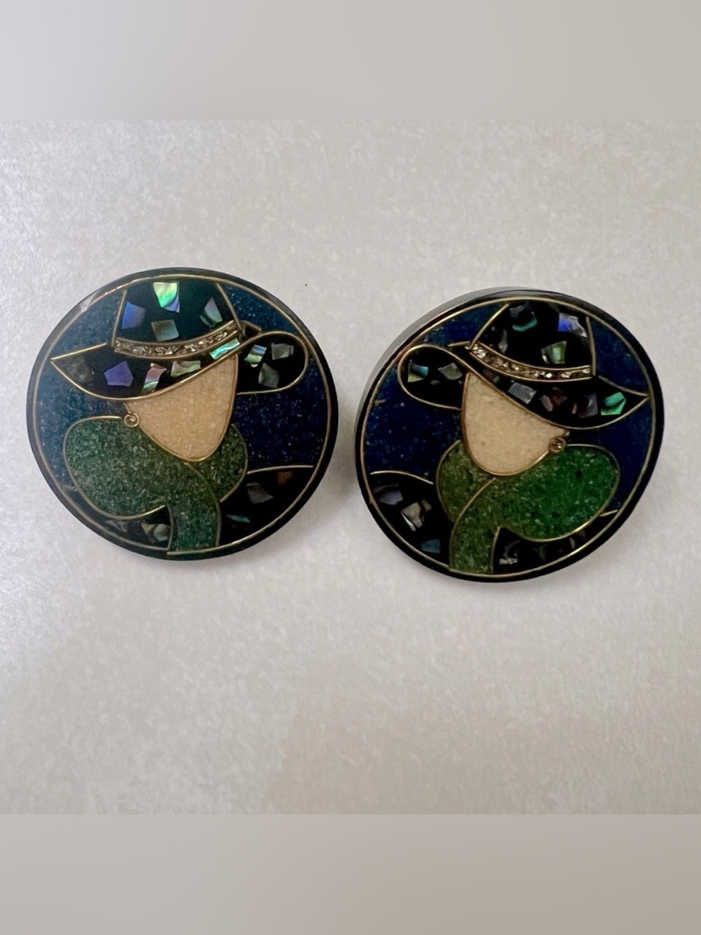 Vintage 80's Lee Sands Large Mosaic Abalone Shell Lady in Hat Earrings